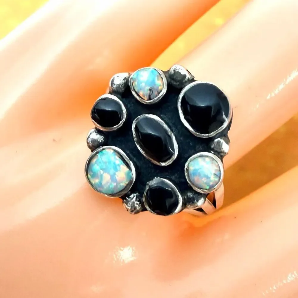 Sterling Silver Black Onyx & Created Opal Statement Ring